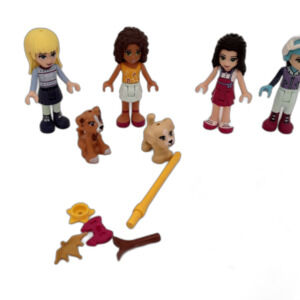 Lego Friends and Accessories Lot  20+ pieces/4 Friends/2 Pets/bows/crowns/candy